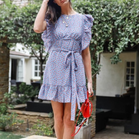 Rose Print Ruffle Trim Self-Tie Belted Mini Dress - Picture 2 of 4